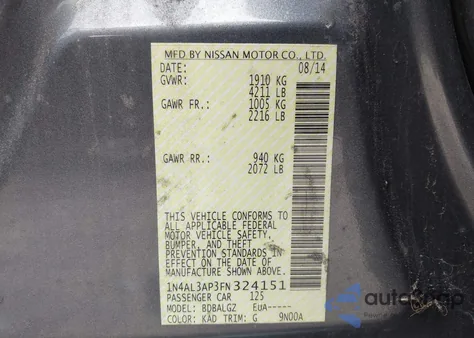 2015 Nissan Altima 2.5/2.5 S/2.5 Sl/2.5 Sv из США, поврежденный, VIN 1N4AL3AP3FN324151